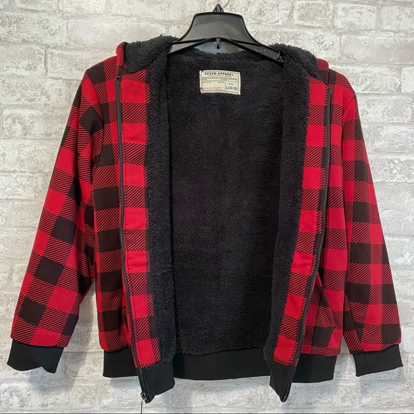 NEW Seven Apparel Red and Black Check Jacket w/Hood Sherpa Lined L (14/16) - Picture 4 of 10